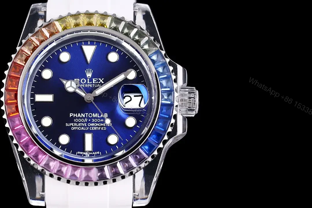 View 2 of Rolex Submariner Date Phantom Blue Rainbow replica 40MM White Rubber Strap Edition RLX-SUB-DATE-PHANTOM-BLUE-RAINBOW-40MM-WHITE-RUBBER-STRAP