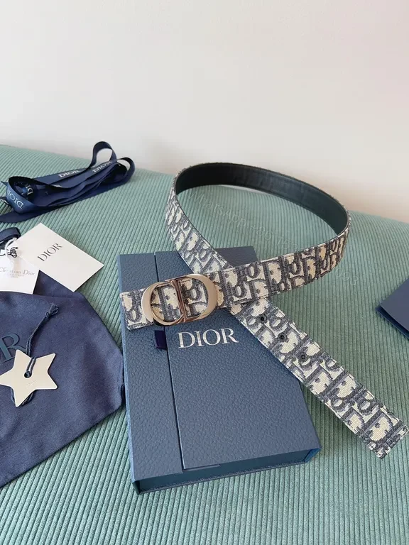 View 5 of Navy Dior Oblique Belt: Jacquard Texture & Silver Buckle