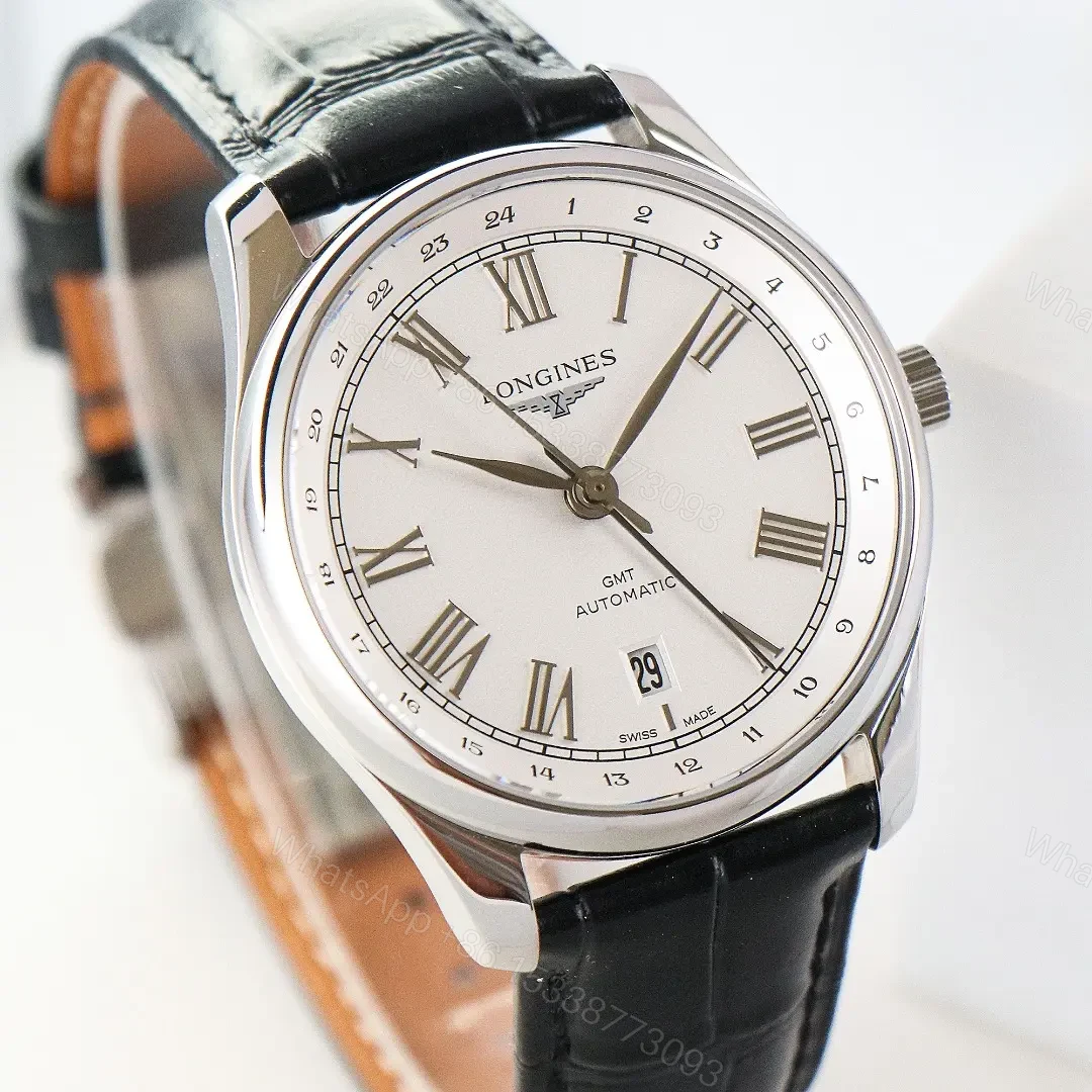 View 2 of Longines Master Classic Reproduction GMT Dual Time Watch White Dial Black Leather Strap Roman Numerals