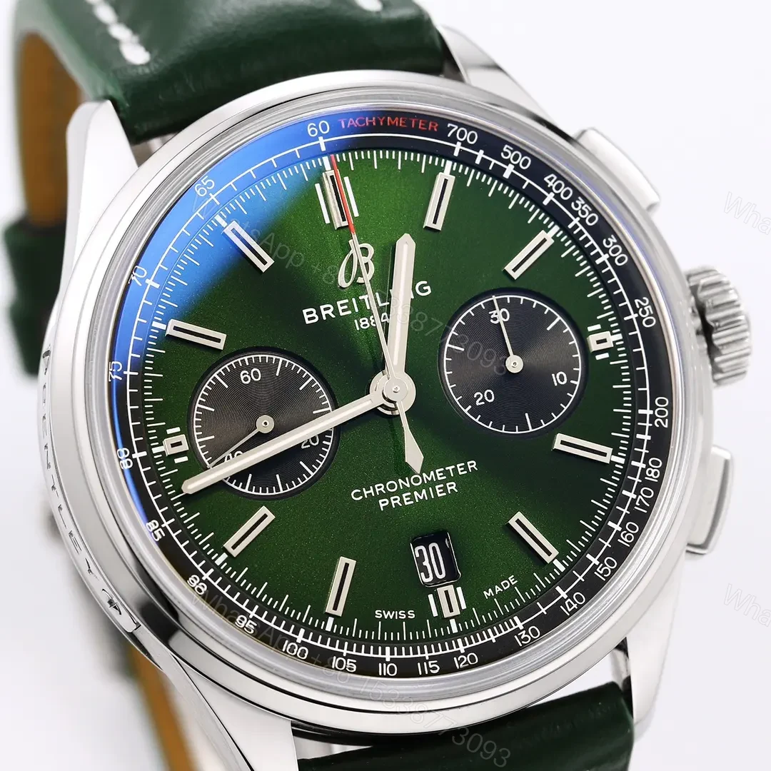 View 4 of JF Factory Breitling Premier B01 Chronograph Watch – Green Dial, 42mm Stainless Steel Case, Leather Strap