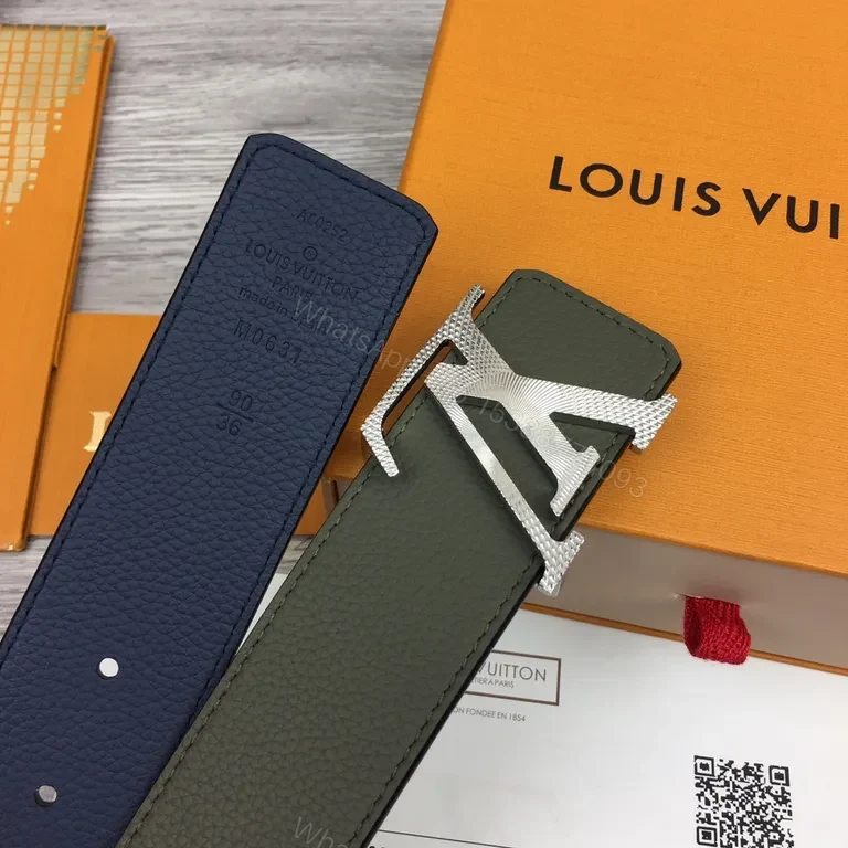 View 7 of Olive Pebble Leather Belt with Silver LV Buckle (Premium)