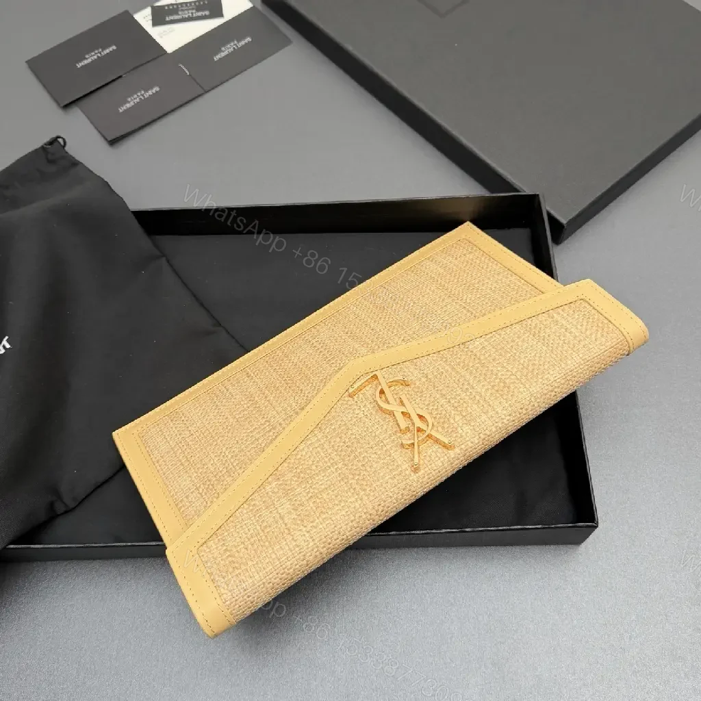 View 6 of Envelope-Woven Wallet on Chain: Luxe Textured Straw & Leather Trim