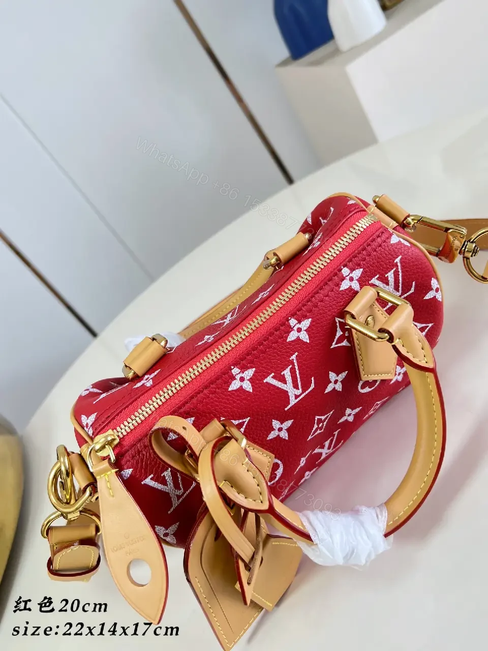 View 5 of Red & Beige LV Monogram Top-Handle Bag with Gold Hardware