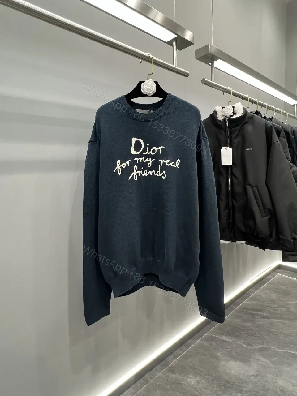 Dark Navy Wool-Blend Knit Sweater: Relaxed Luxe, Dior-Style Script Key Feature — view 1