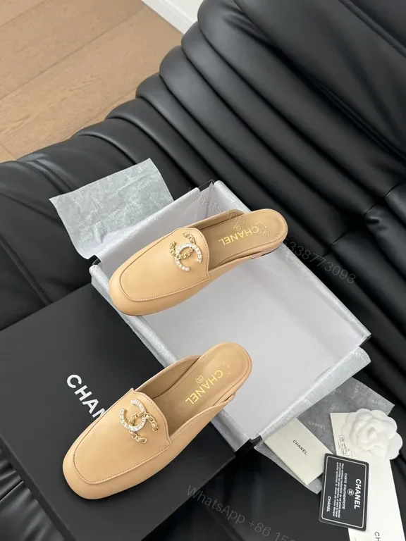 View 9 of Tan Leather Chanel-Style Mules: Signature Hardware, All-Day Comfort