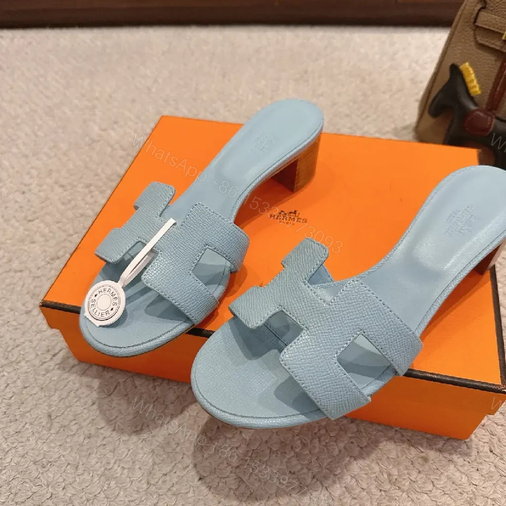 View 2 of Blue Leather Sandals Classic Hermes-Style Open-Toe Sliders