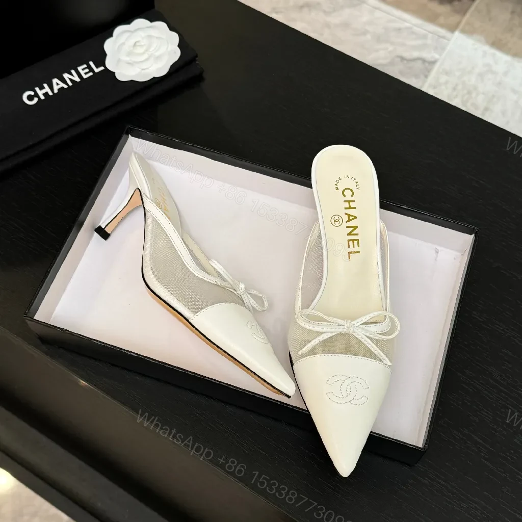 View 5 of White Leather Slingback Heels with Satin Mesh Inset, Pointed Toe, Kitten Heel