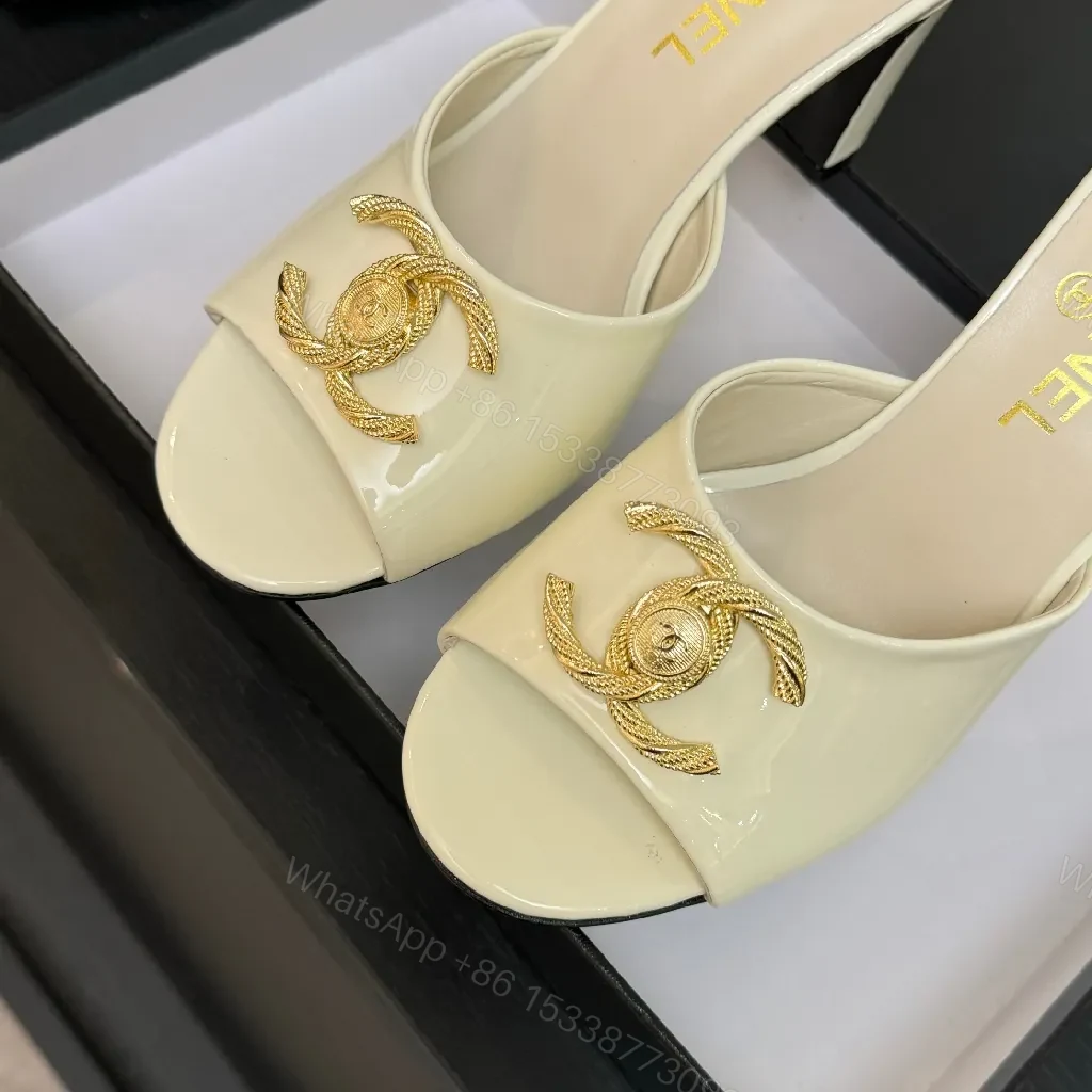 View 6 of Patent Leather Mules – Ivory, Open-Toe, Gold Emblem, All-Day Comfort