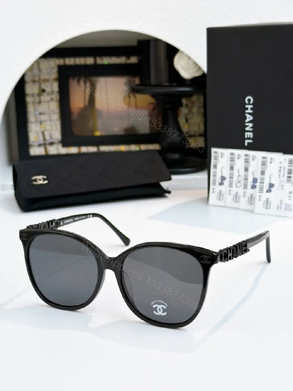 View 7 of Black Thick-Rim Glasses, Square Full-R Rim, Sculpted Bridge, Ribbed Arms, Chanel Detailing