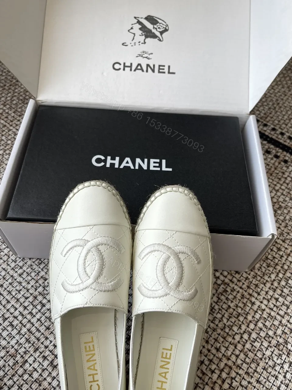 View 6 of Textured White Espadrille Loafers: Quilted Leather & Jute Sole