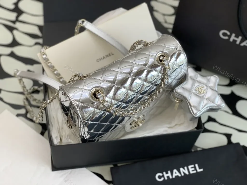 View 8 of Shimmer Quilted Chain Bag â€“ Silver Metallic, Luxe Chanel-Inspired Style
