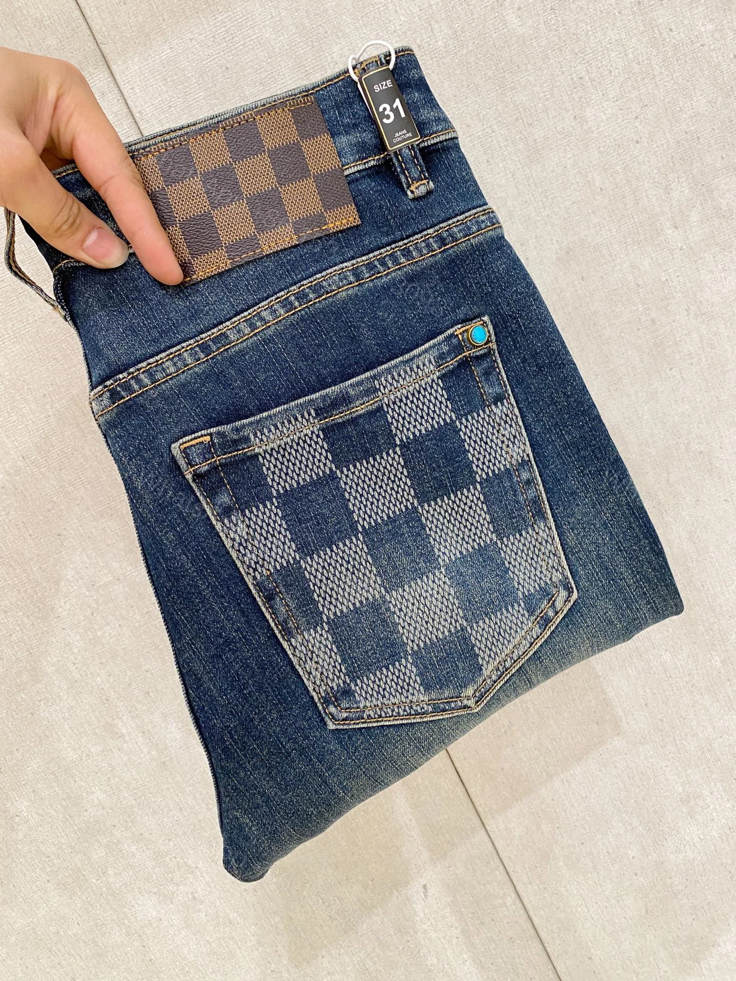 LV 原單 男款 格紋拼接牛仔褲 潮流設計修身款 — view 1