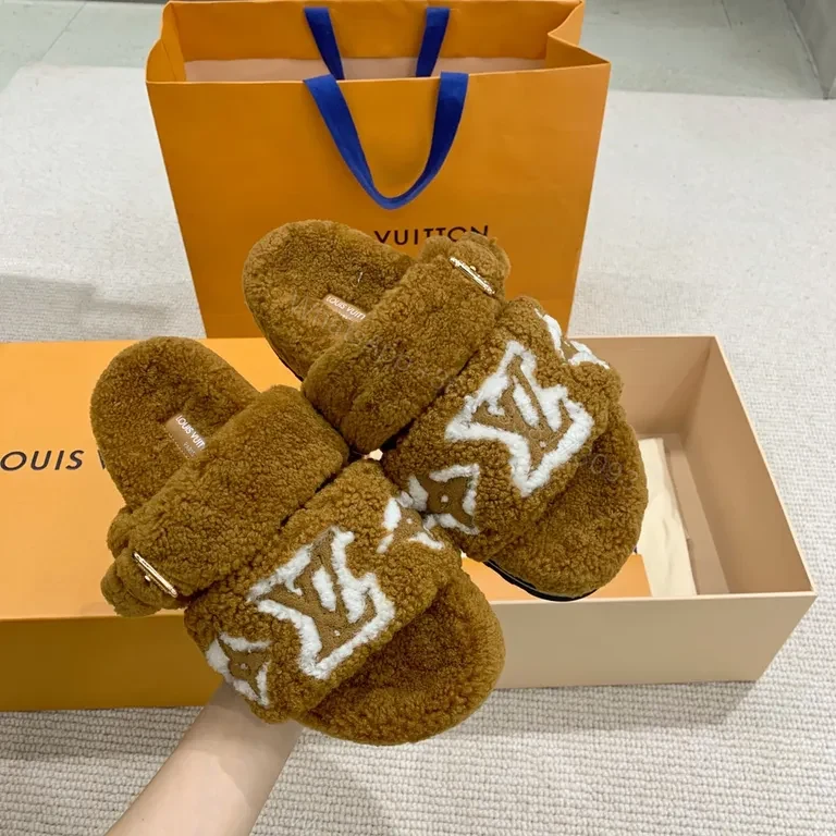 View 2 of Plush LV Monogram Fur Slides â€“ All-Day Luxury Comfort