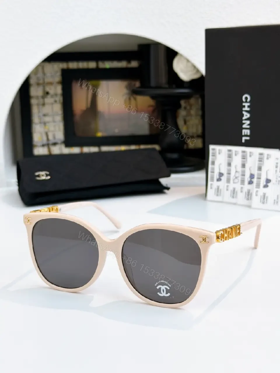 View 5 of Black Thick-Rim Glasses, Square Full-R Rim, Sculpted Bridge, Ribbed Arms, Chanel Detailing