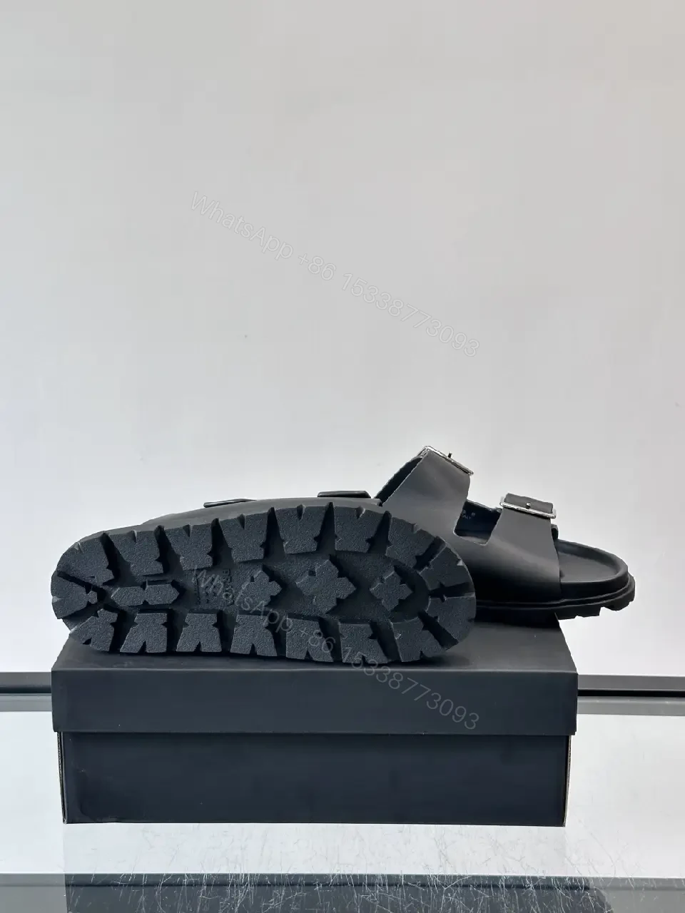 View 9 of Black Leather Double-Buckle Sandals — Prada Style Sliders
