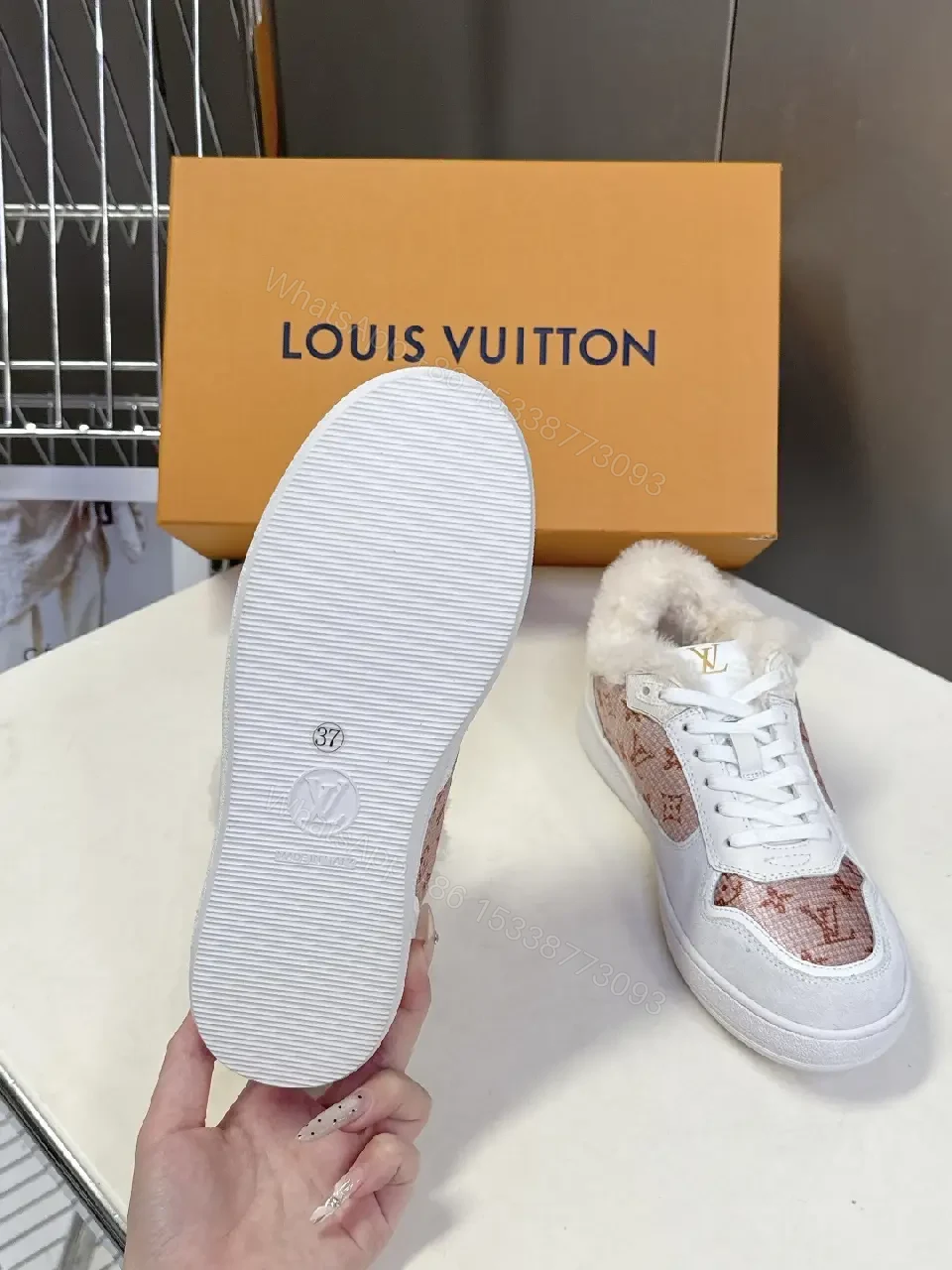 View 7 of White Leather + Shearling Mid-Top Sneakers + Luxe Monogram + All-Day Warmth + Sneakers