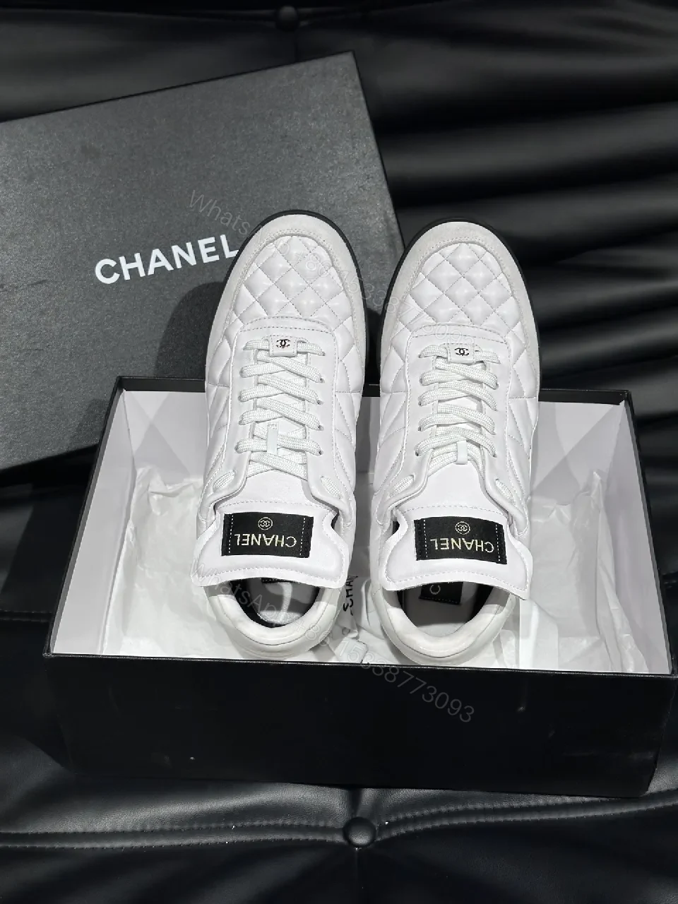 View 7 of White Quilted Low-Top Sneakers with Chanel-Inspired Detail