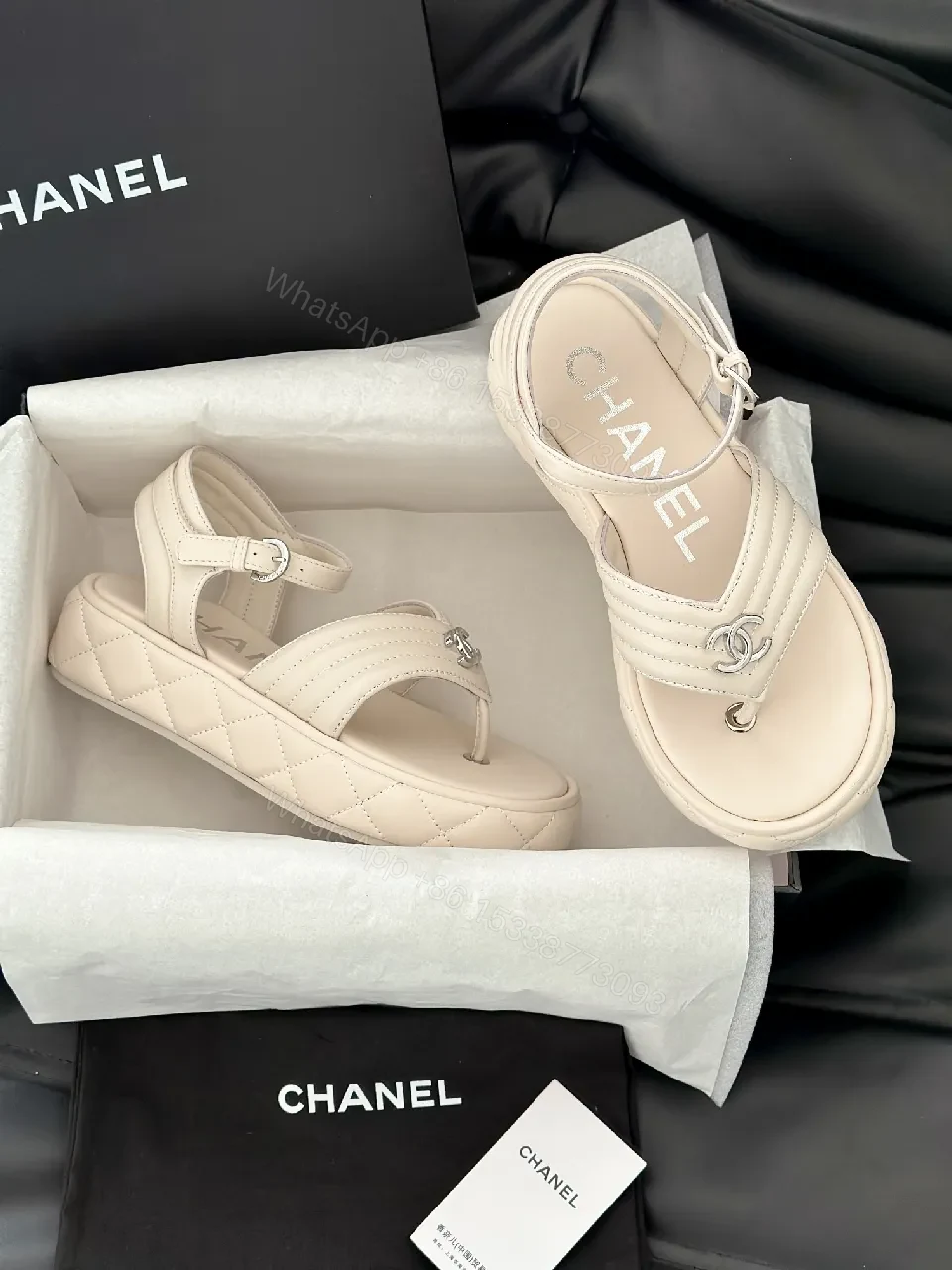 View 3 of Elegant Comfort Sandal: Signature Hardware, Open-Toe, Beige Leather-like Finish