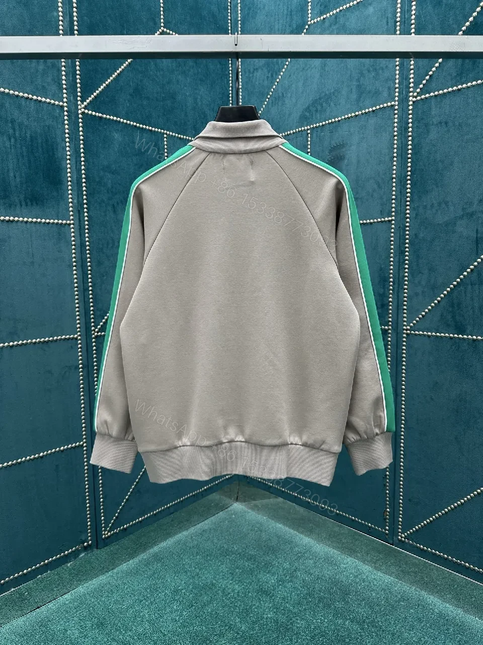 View 6 of Grey + Soft Grey Fabric + Track Jacket + Green Stripe Detail + Product Type