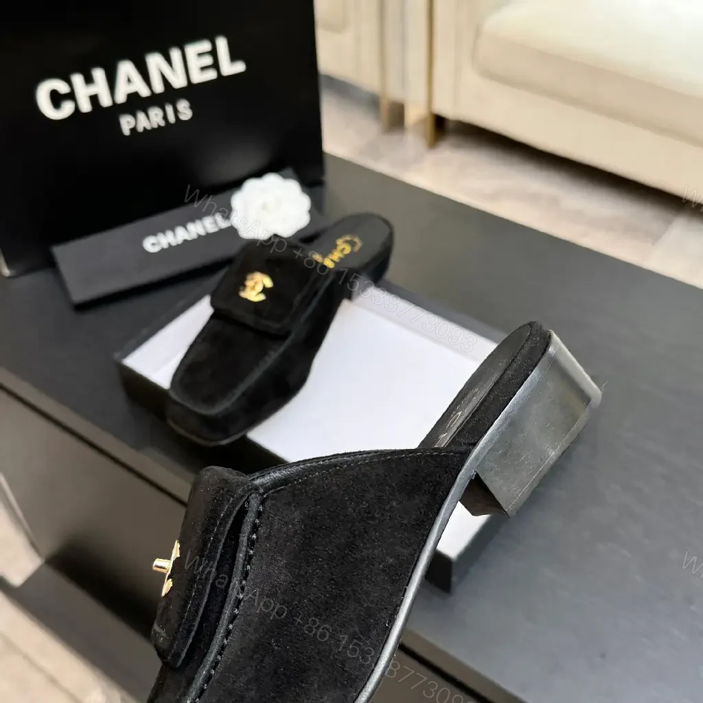View 5 of Black Suede Slip-Ons with Gold Chanel Logo Moccasins