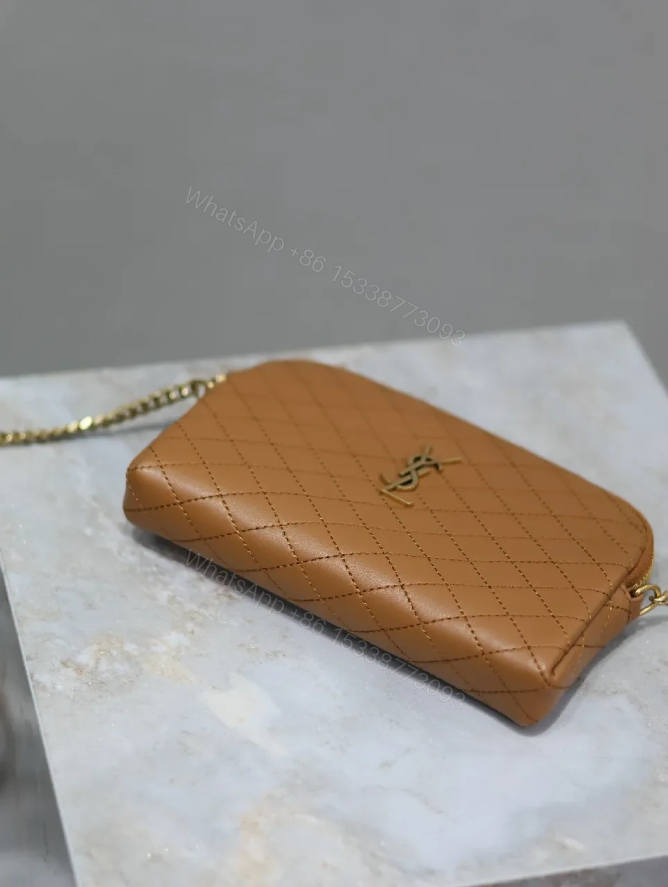 View 5 of Compact Tan Quilted Bag: Crossbody, Gold Hardware, Luxe Style