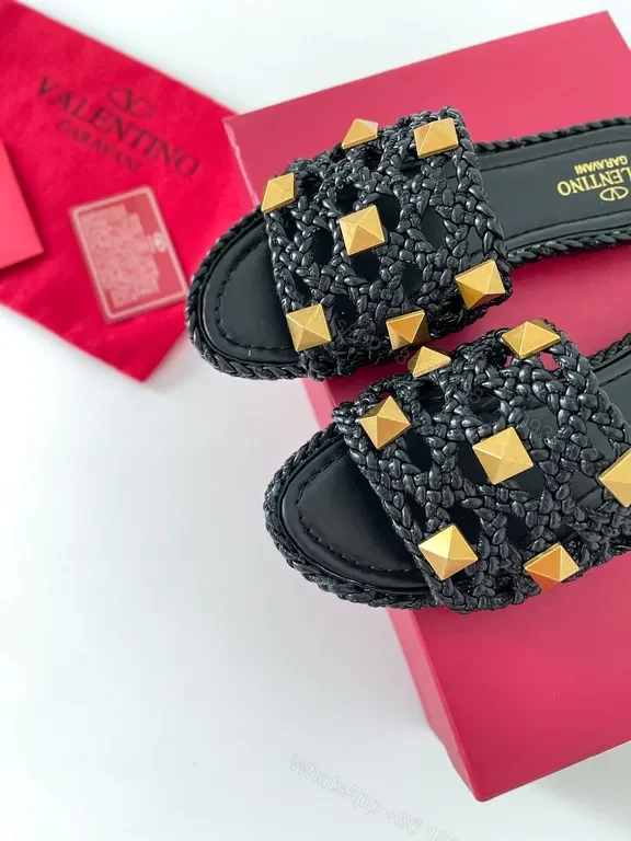 View 6 of Valentino Black Braided Slides with Gold Studs - Luxury Sandal