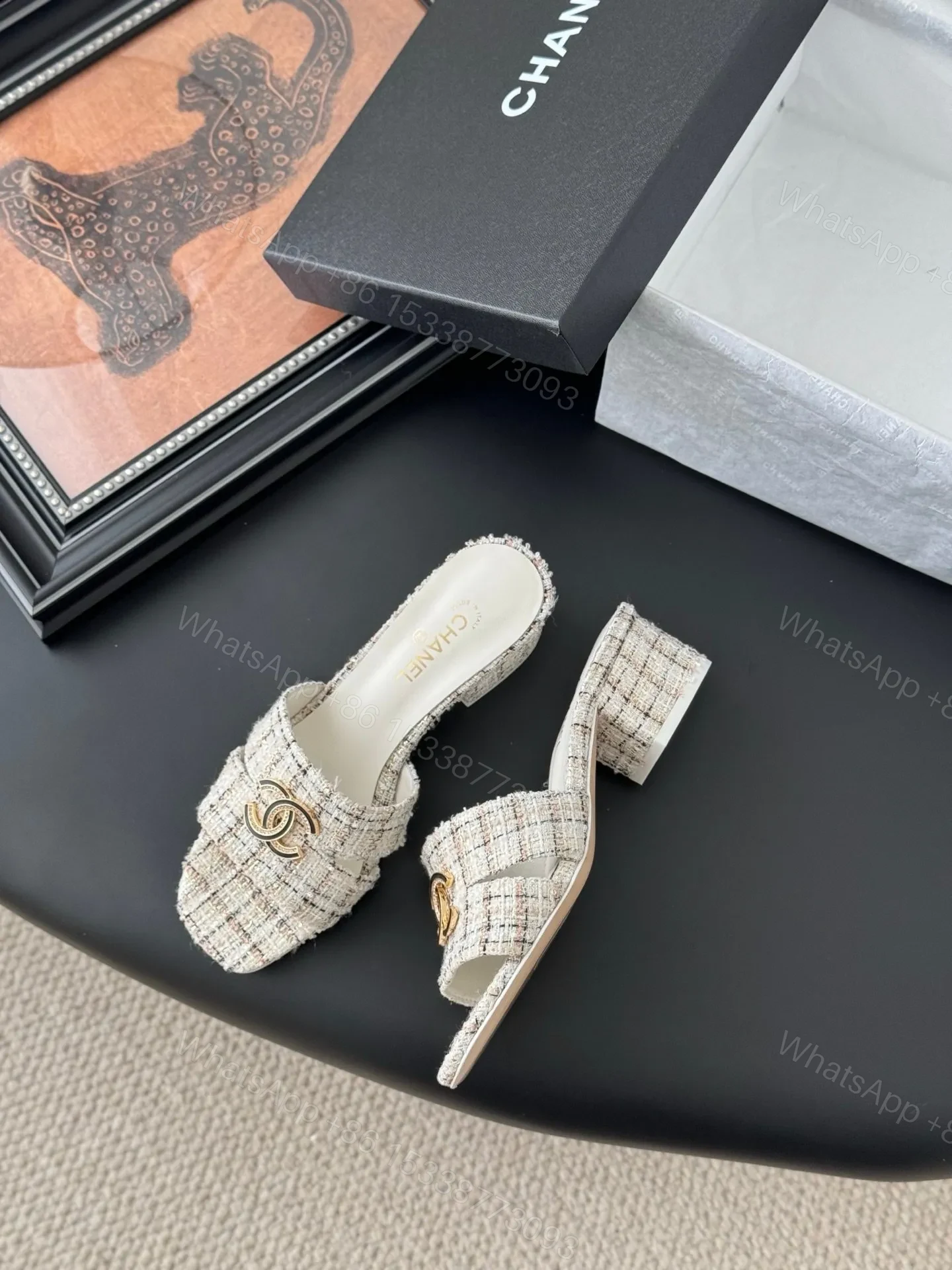 View 3 of Chanel Women Cream Tweed Slides
