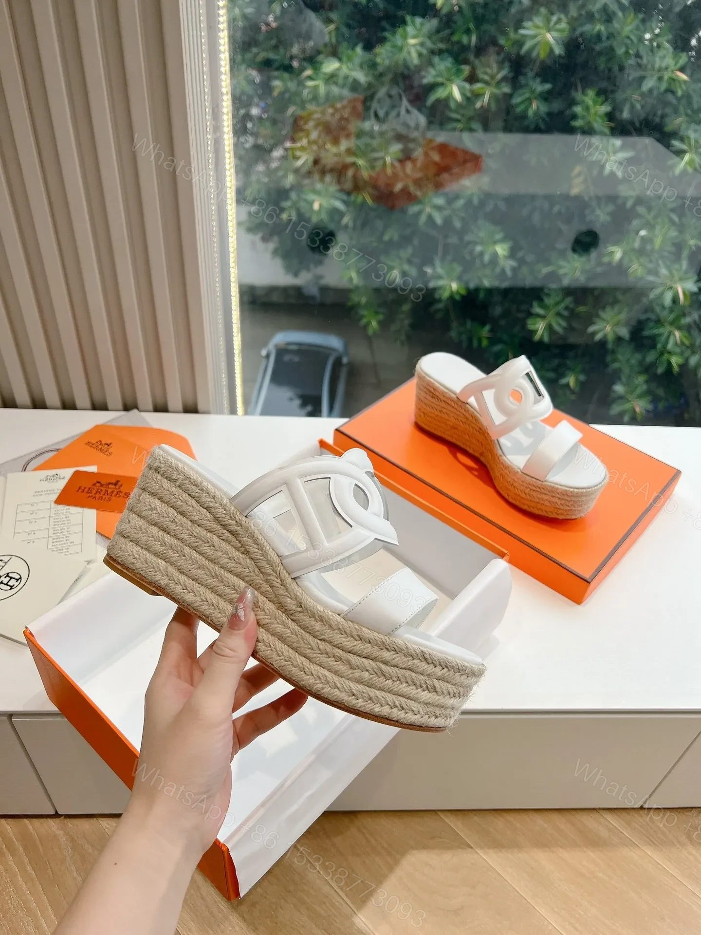 View 5 of Hermes Women White Leather Espadrille Sandals