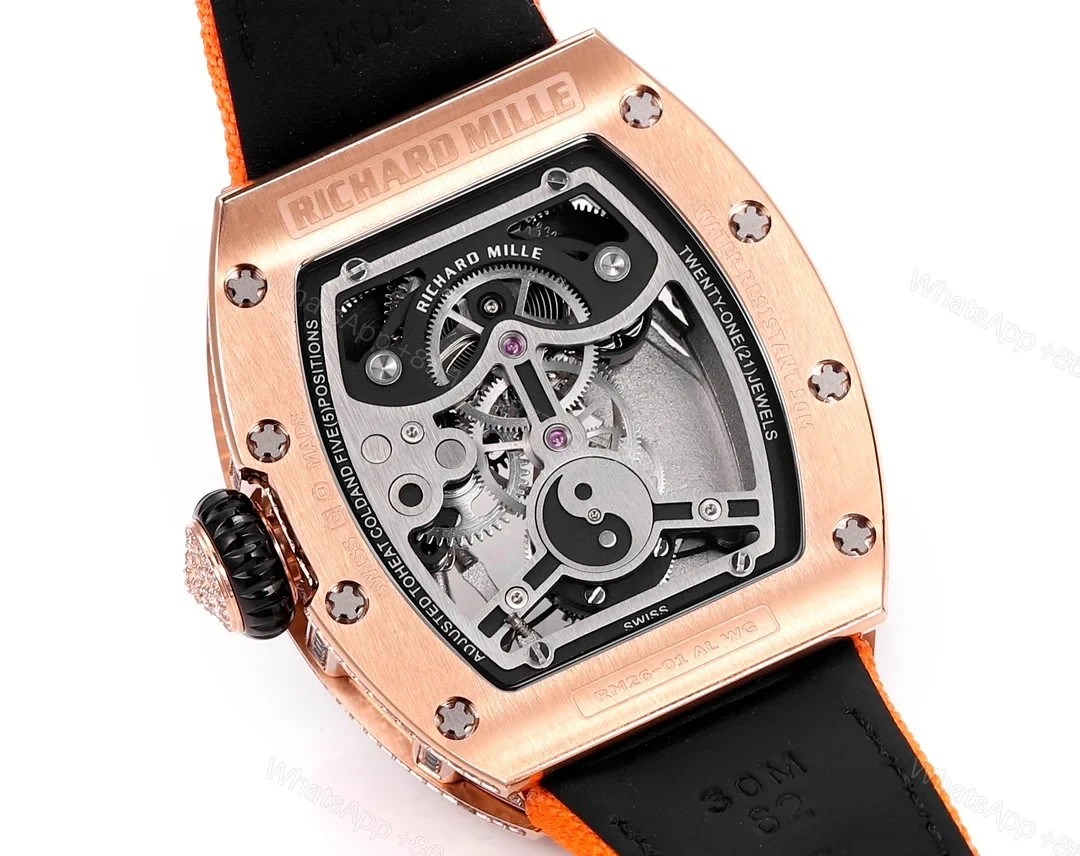 View 8 of Richard Mille RM26-01 Panda Tourbillon Watch Orange Strap Full Diamond Panda Art Dial 18K White Gold National Treasure Mechanical Edition RM26-01-PND-ORS