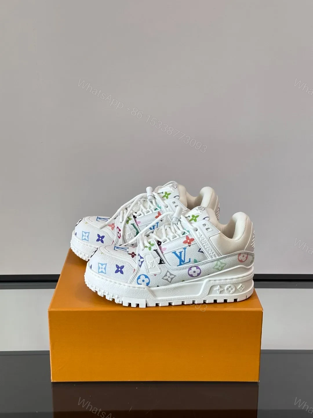 View 3 of LV Men White Leather Multicolor Pattern Sneakers