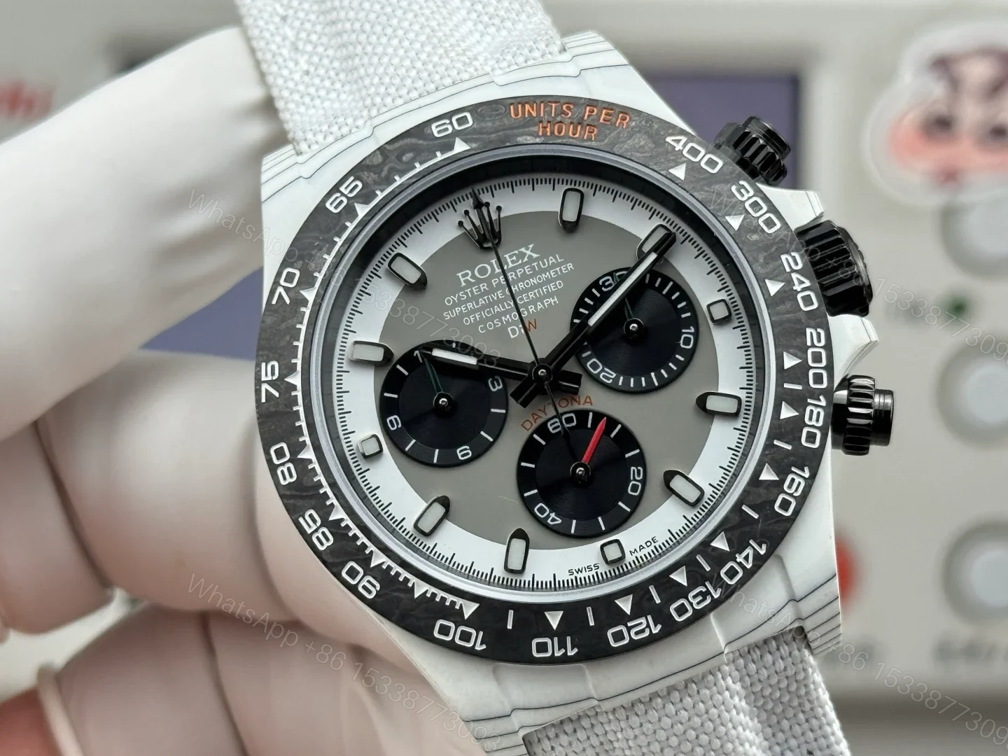 View 4 of Rolex Daytona Carbon Fiber Panda White Strap Replica 40MM Premium Black Bezel EditionRG-ROLEX-DAYTONA-R74-WHITE-STRAP