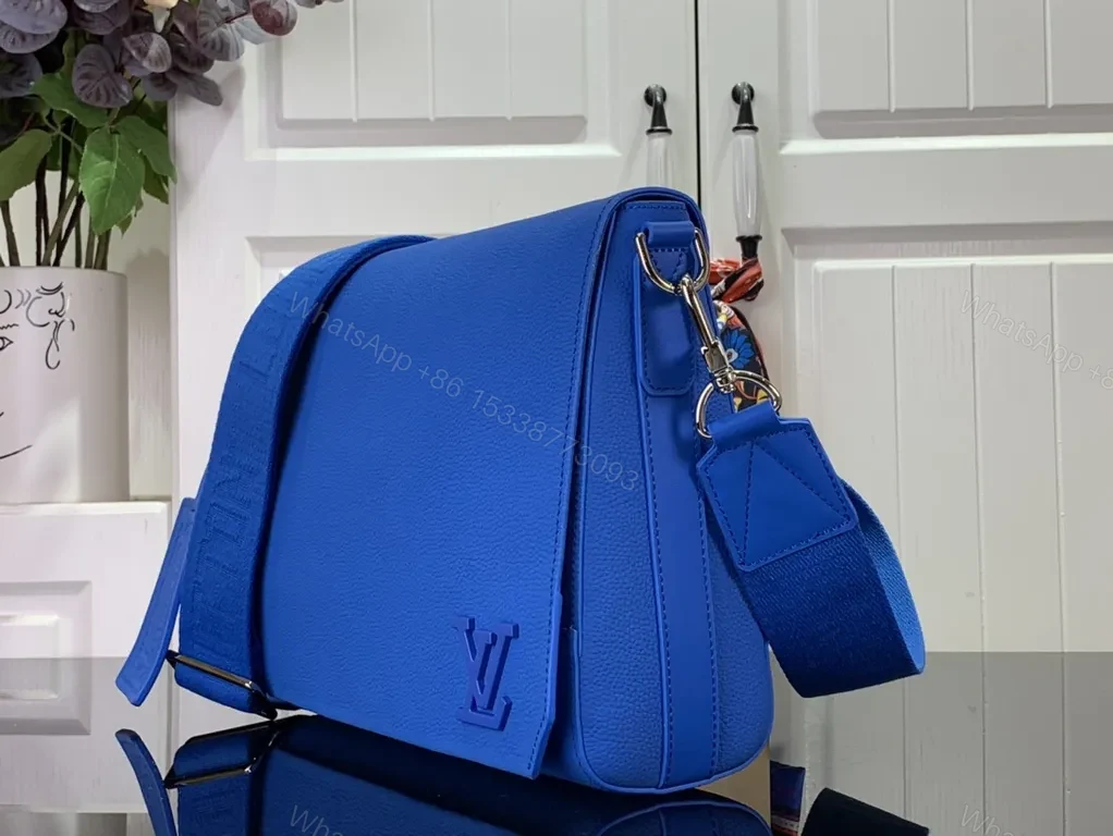 View 2 of Bold Blue Crossbody: Textured Leather, LV-inspired Monogram Bag