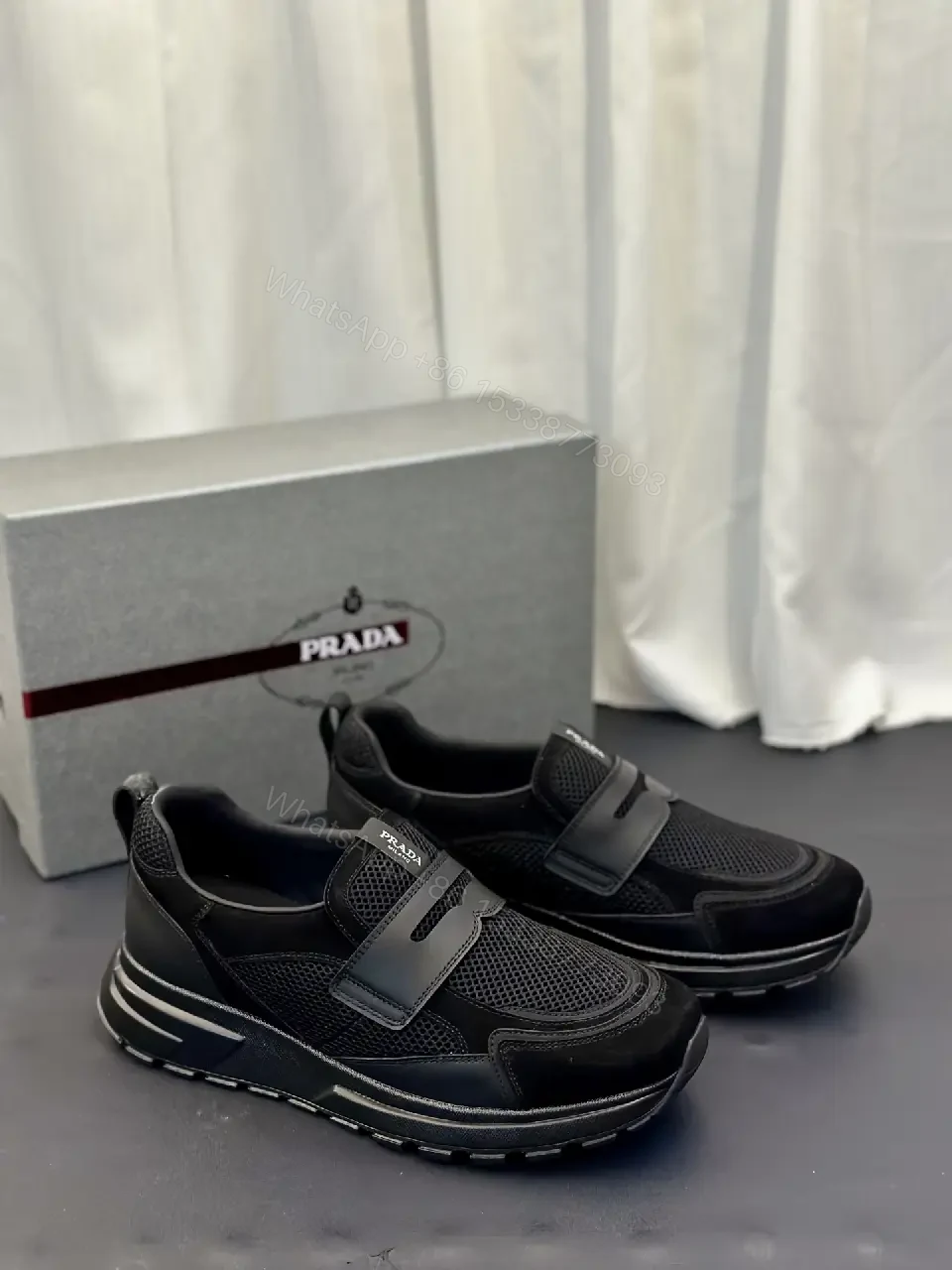 View 4 of Black Mesh Velcro Sneaker, Prada Style, Lightweight Comfort Shoes