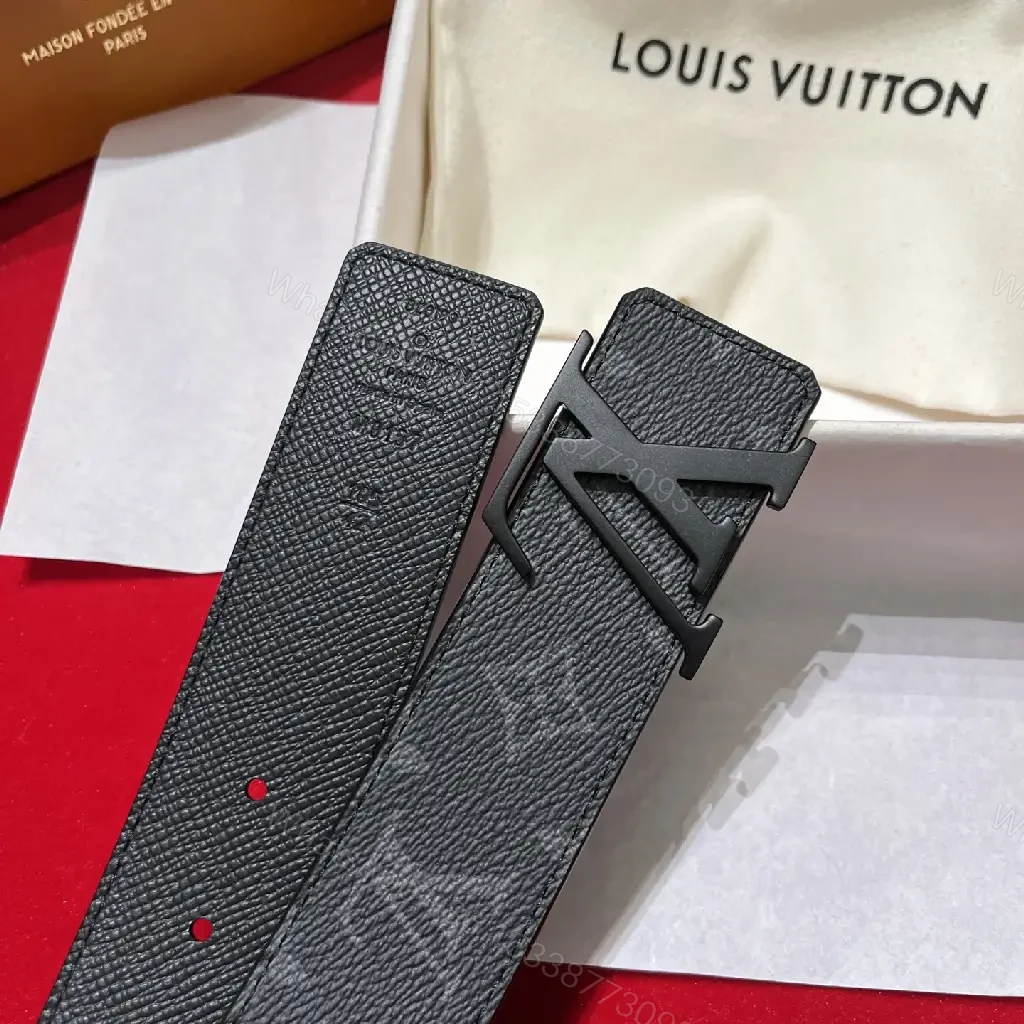View 2 of Black Leather Modern Luxury Belt with LV Buckle Signature Pattern