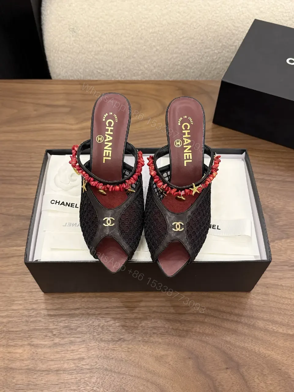 View 3 of Red Velvet Mesh Satin Heels Classic Chanel - Pearl Bead Strap Sandals