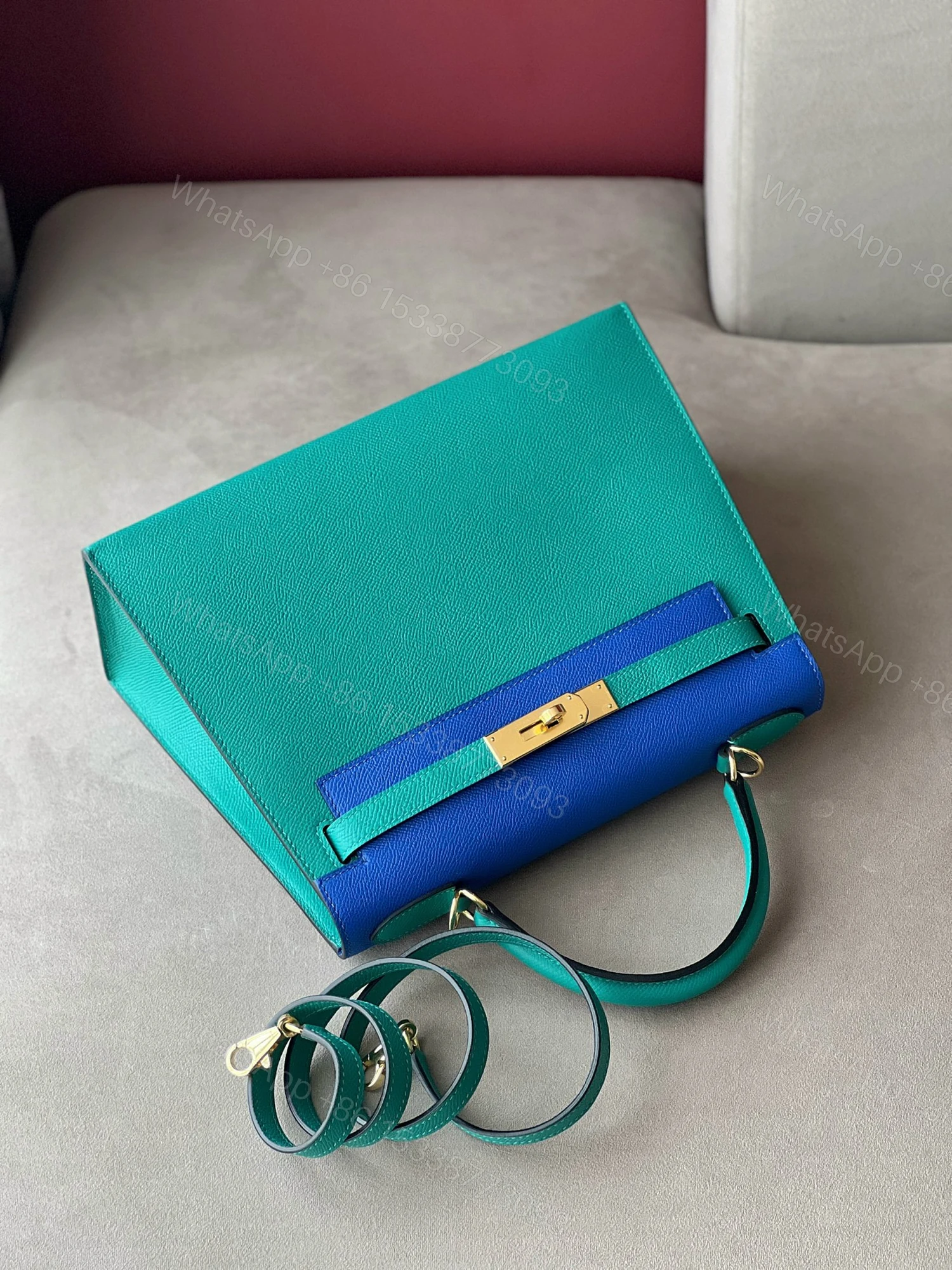 View 5 of Hermes Kelly 28 Epsom Light Blue/ Electric Blue Palladium Hardware