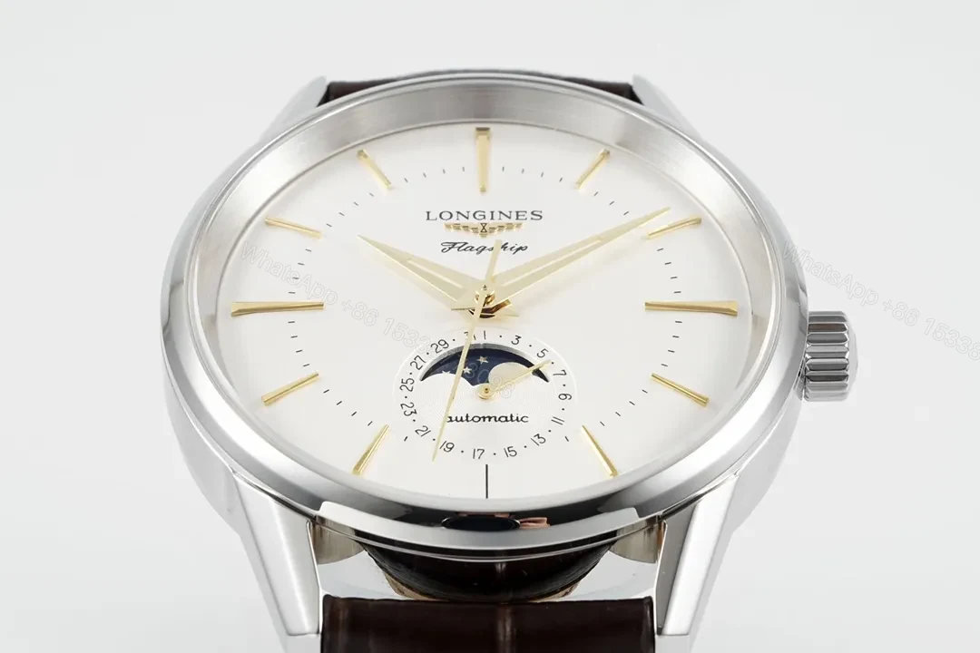 View 4 of Longines Classic Flagship Moonphase Watch Silver Dial Brown Leather Strap Vintage Style