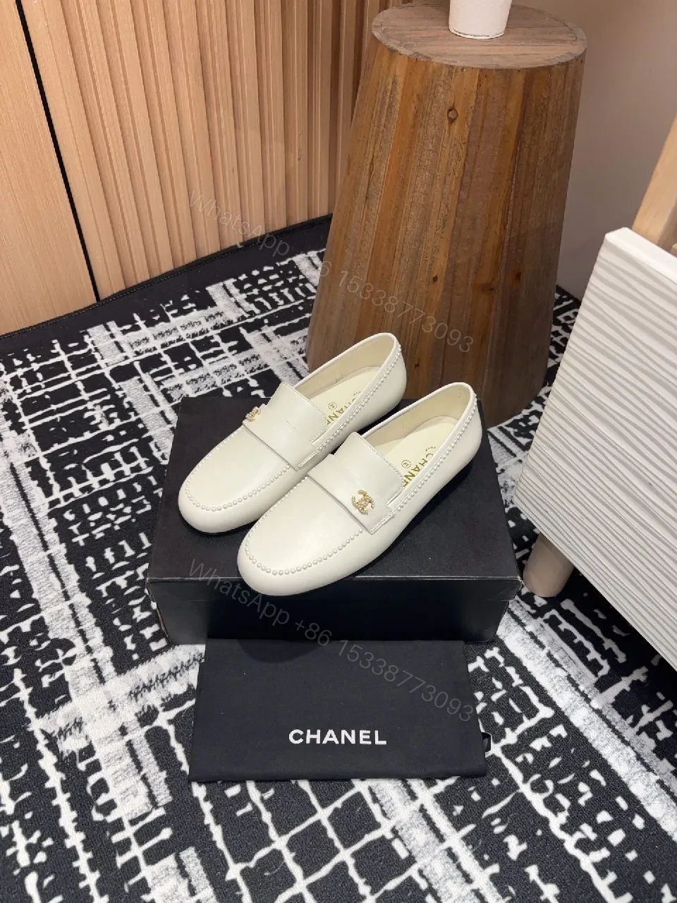 View 3 of Ivory Leather Loafers – Classic Gold Logo, Moccasin Toe