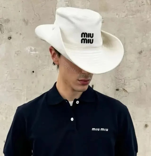 View 3 of White Cotton Wide-Brim Embroidered Logo Hat