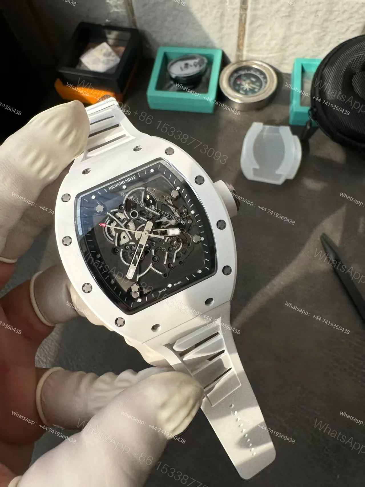 View 17 of Richard Mille RM 055 White Ceramic Skeleton Vaucher Free-Sprung Movement White Rubber Strap Custom Super Clone