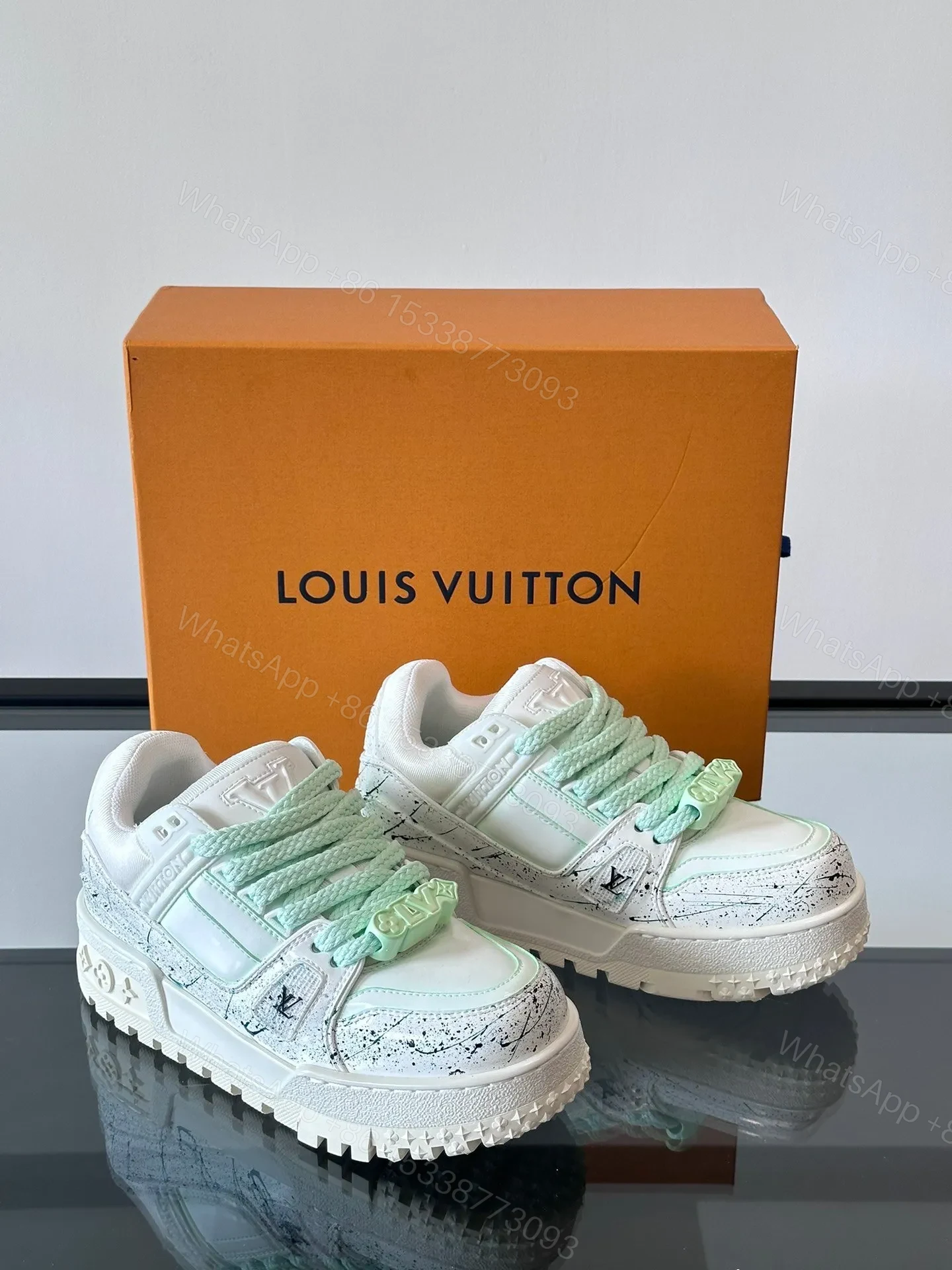 View 5 of LV Men White Leather Paint Splatter Sneakers