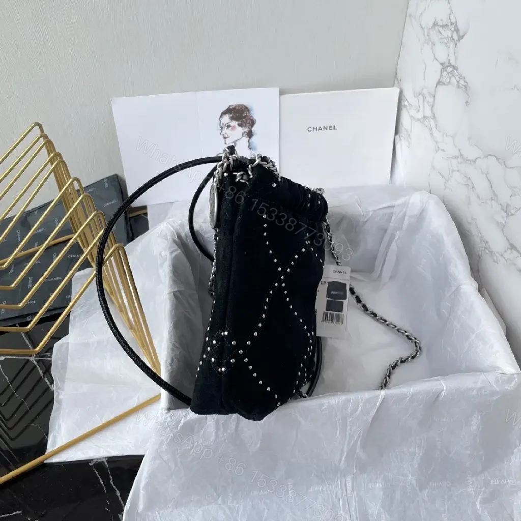 View 5 of Velvet Diamond-Quilted Shoulder Bag, Black, Luxe Style