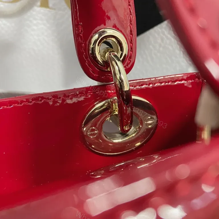 View 2 of Glossy Red Dior-Style Structured Handbag with Gold Hardware