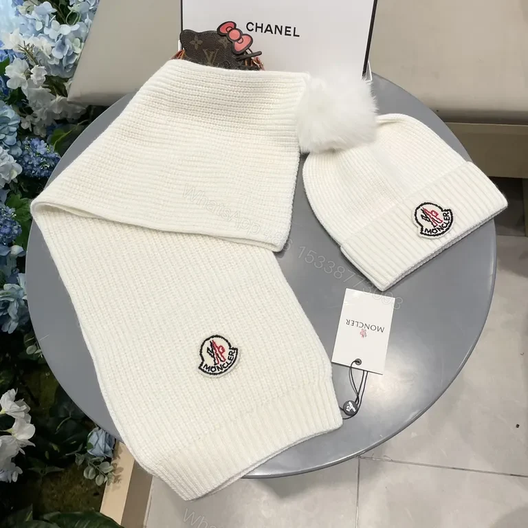 View 9 of Cozy Luxe Knit Set: White Beanie & Scarf with Moncler Patch
