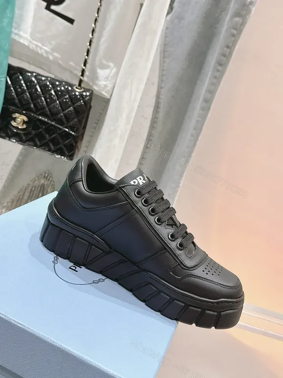 View 6 of Black Leather Lace-Up Sneakers with Prada-Inspired Logo