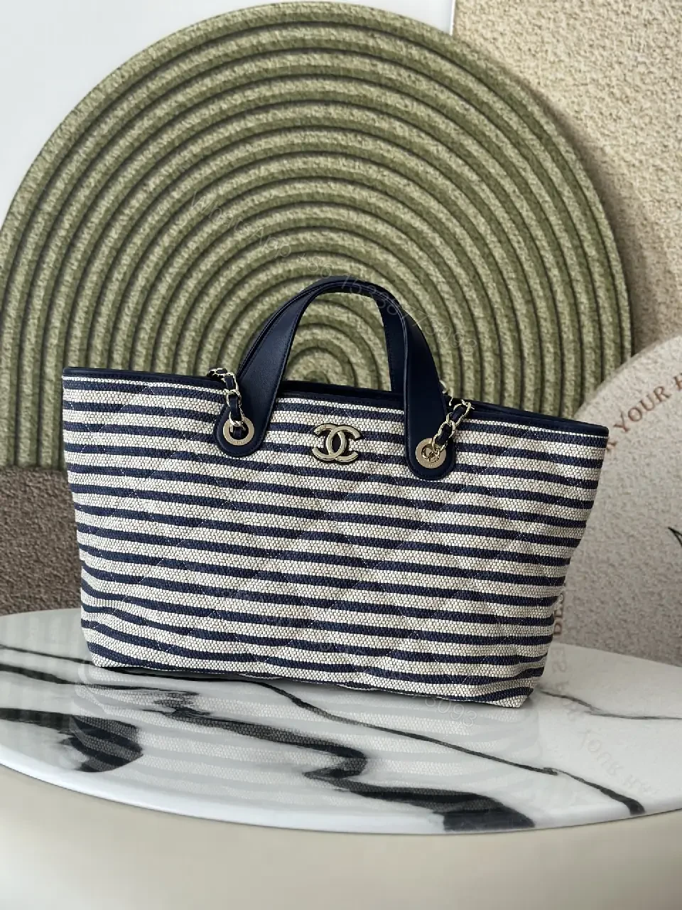 View 10 of Navy Stripe Woven Tote Bag with Leather Accents and Chanel Logo