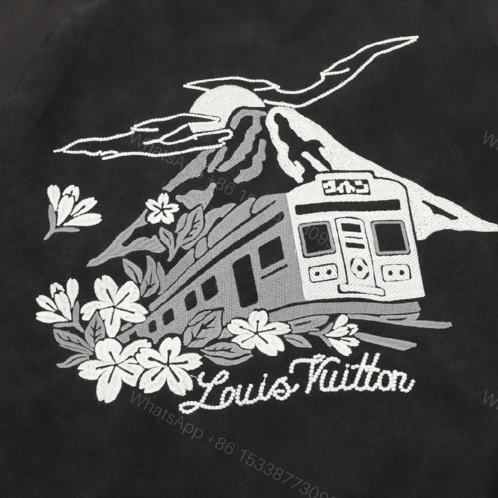 View 9 of Black Velour Bomber – Bold Floral Applique with Signature Script