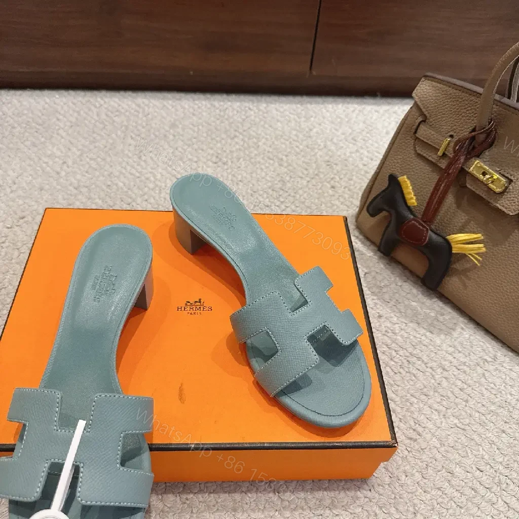 View 6 of Blue Leather Hermes-Style Sandals with Iconic H Strap