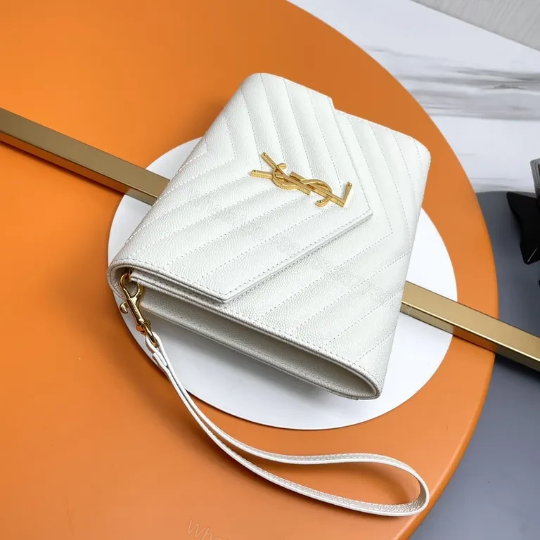 View 9 of Elegant Quilted Envelope Clutch with Gold-YSL Emblem, Ivory, Day-to-Night Essential