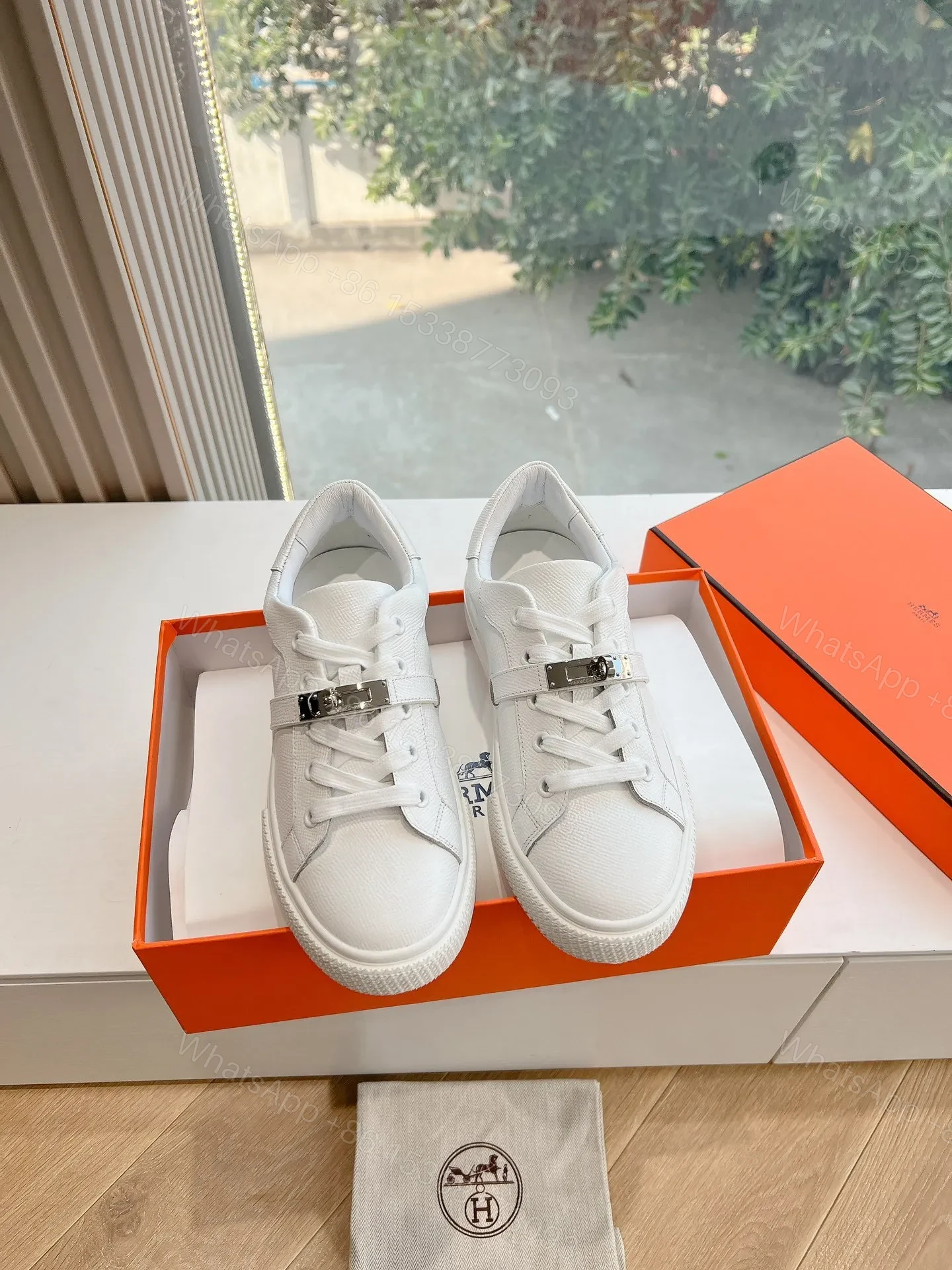View 3 of Hermes Women White Leather Sneakers